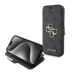 Guess 4G Big Metal Logo Book Wallet Case hoesje voor Apple iPhone 15 - Grijs