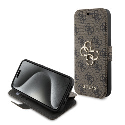 Guess 4G Big Metal Logo Book Wallet Case hoesje voor Apple iPhone 15 Pro Max - Bruin