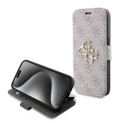 Guess 4G Big Metal Logo Book Wallet Case hoesje voor Apple iPhone 15 Pro - Roze