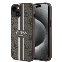 Guess 4G Printed Stripes Hard Case Back Cover hoesje met MagSafe voor Apple iPhone 15 - Bruin