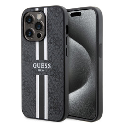 Guess 4G Printed Stripes Hard Case Back Cover hoesje met MagSafe voor Apple iPhone 15 Pro Max - Zwart