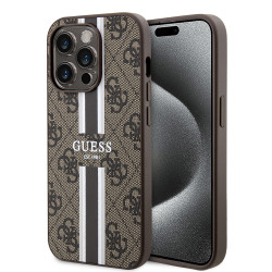 Guess 4G Printed Stripes Hard Case Back Cover hoesje met MagSafe voor Apple iPhone 15 Pro Max - Bruin