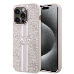 Guess 4G Printed Stripes Hard Case Back Cover hoesje met MagSafe voor Apple iPhone 15 Pro Max - Roze