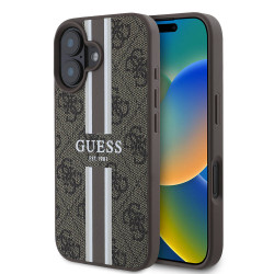 Guess 4G Printed Stripes Hard Case Back Cover hoesje met MagSafe voor Apple iPhone 16 - Bruin