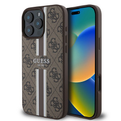 Guess 4G Printed Stripes Hard Case Back Cover hoesje met MagSafe voor Apple iPhone 16 Pro Max - Bruin