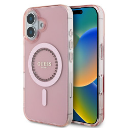 Guess IML Rhinestones Back Cover hoesje met MagSafe voor Apple iPhone 16 - Roze
