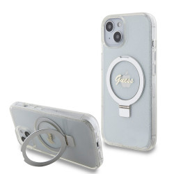 Guess Ring Stand Script Glitter Back Cover hoesje met MagSafe voor Apple iPhone 15 - Transparant