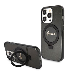 Guess Ring Stand Script Glitter Back Cover hoesje met MagSafe voor Apple iPhone 15 Pro Max - Zwart
