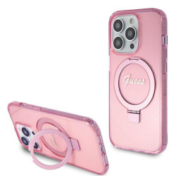 Guess Ring Stand Script Glitter Back Cover hoesje met MagSafe voor Apple iPhone 15 Pro Max - Roze