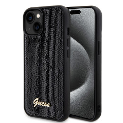 Guess Sequin Script Metal Back Cover hoesje voor Apple iPhone 15 - Zwart