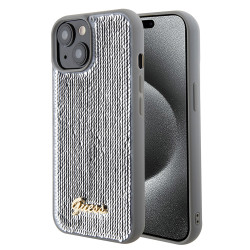 Guess Sequin Script Metal Back Cover hoesje voor Apple iPhone 15 - Zilver