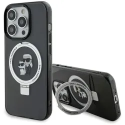Karl Lagerfeld Ring Stand Karl & Choupette Hard Case Back Cover hoesje met MagSafe voor Apple iPhone 15 Pro - Zwart