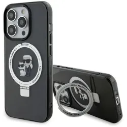 Karl Lagerfeld Ring Stand Karl & Choupette Hard Case Back Cover hoesje met MagSafe voor Apple iPhone 15 Pro Max - Zwart
