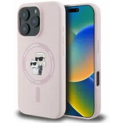 Karl Lagerfeld Silicone Karl & Choupette Heads Ring Back Cover hoesje met MagSafe voor Apple iPhone 16 Pro Max - Roze