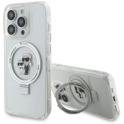 Karl Lagerfeld Ring Stand Karl & Choupette Hard Case Back Cover hoesje met MagSafe voor Apple iPhone 15 Pro - Wit