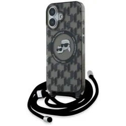 Karl Lagerfeld IML Crossbody Monogram Karl & Choupette Head Back Cover hoesje met MagSafe voor Apple iPhone 16 - Zwart