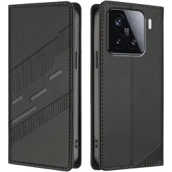 Phonesta Embossed Lines Book Wallet Case hoesje voor Xiaomi 15 - Zwart