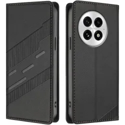 Phonesta Embossed Lines Book Wallet Case hoesje voor OnePlus 13 - Zwart