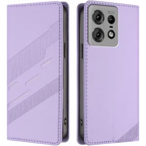 Phonesta Embossed Lines Book Wallet Case hoesje voor Motorola Edge 50 Pro - Paars