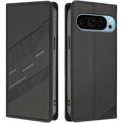 Phonesta Embossed Lines Book Wallet Case hoesje voor Google Pixel 9 / 9 Pro - Zwart