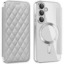 Phonesta Luxury Crystal Puffed Book Wallet Case hoesje met MagSafe voor Samsung Galaxy S25/S24 - Zilver