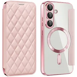 Phonesta Luxury Crystal Puffed Book Wallet Case hoesje met MagSafe voor Samsung Galaxy S25 Plus/S24 Plus - Roze