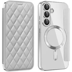 Phonesta Luxury Crystal Puffed Book Wallet Case hoesje met MagSafe voor Samsung Galaxy S25 Plus/S24 Plus - Zilver