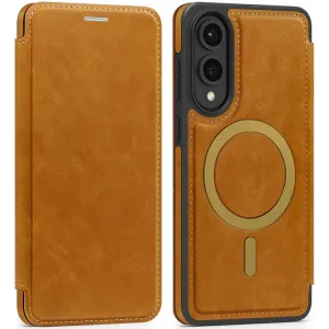 Phonesta Luxury Leather Book Wallet Case hoesje met MagSafe voor Samsung Galaxy S25 Edge - Lichtbruin