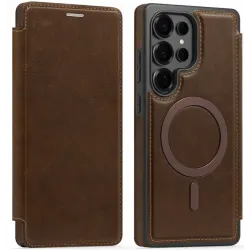 Phonesta Luxury Leather Book Wallet Case hoesje met MagSafe voor Samsung Galaxy S25 Ultra - Donkerbruin