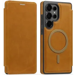 Phonesta Luxury Leather Book Wallet Case hoesje met MagSafe voor Samsung Galaxy S25 Ultra - Lichtbruin